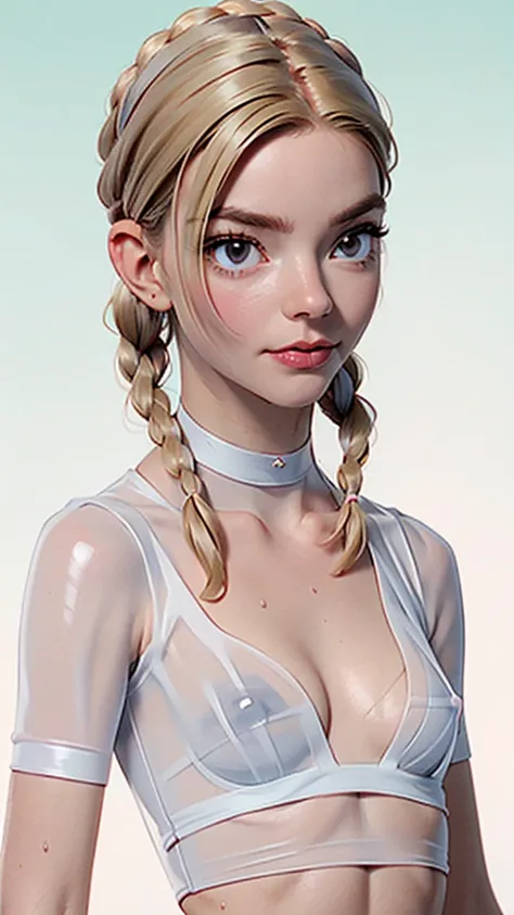 one girl, solo, (abs:1.5), slender body, fit body, (upper body, bust:1.2), (black eyes:1.3), blonde hair, (two cute braids:1.2), (bare shoulders:1.2), masterpiece, highly detailed, look at viewer, front view, (small breasts, tiny breasts, male chest, expos...