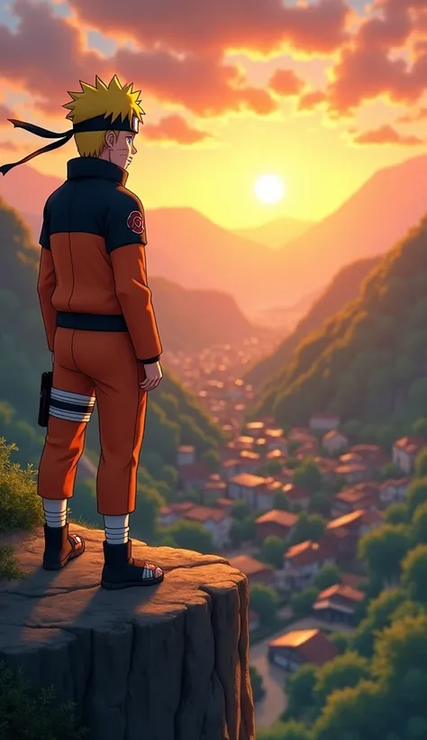 Naruto stands on a cliff overlooking a serene village, the setting sun casting a golden hue over the landscape. His iconic orange and black outfit is pristine, and his headband gleams with the symbol of the Hidden Leaf. His blue eyes are filled with determ...