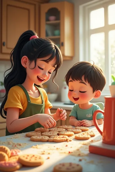 Images of Blackpink&#39;s Kim Jennie baking cookies with a black-haired winged boy also making the cookies 