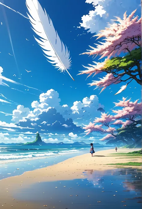 Well detailed anime landscape, The 100 series poster style with people falling from the sky, Os 100, people falling to the sky, beautiful horizon on the beach, floating wing feathers
 falling seen from afar, clouds, small with brush strokes, serene sky ani...