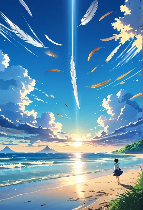 Well detailed anime landscape, The 100 series poster style with people falling from the sky, Os 100, people falling to the sky, beautiful horizon on the beach, floating wing feathers
 falling seen from afar, clouds, small with brush strokes, serene sky ani...