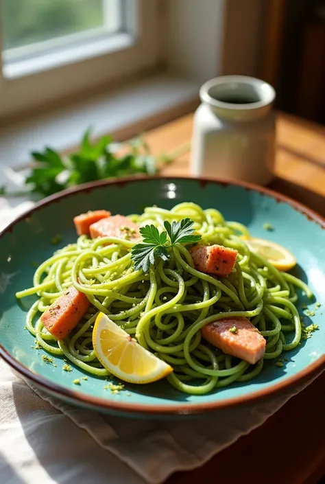 Green spaghetti with fish