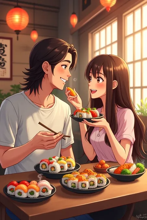 A man with long, brown hair and his long, brown-haired girlfriend eating sushi in anime style.