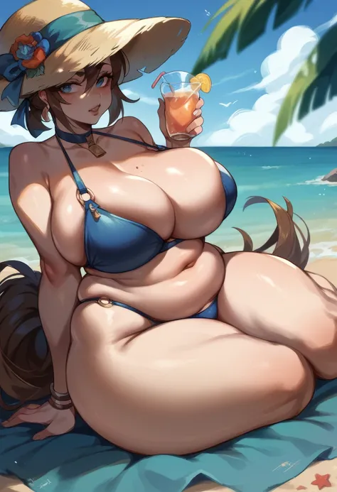 A 40-year-old brown-haired woman with large breasts, Chubby butt and wide hips and fully naked riding a horse on the beach 