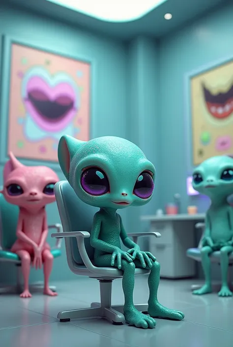 Alien in a dental waiting room next to strange beings waiting for their turn 