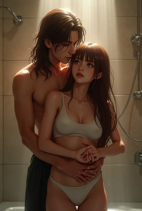 Make a man with long flowing brown hair, Standing hugging from behind and placing hands on the breasts of a sensual girl with a cropped top, long brown hair and long anime bangs, adults standing in the bathroom almost naked taking a shower