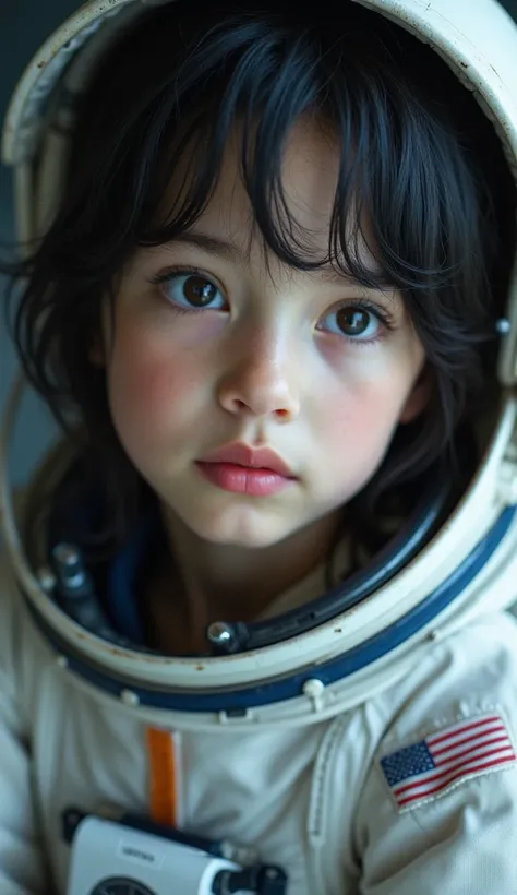 nasa、Depressed girl、With black dyed hair、Brown eyes、Pink Lips、Spacesuit、Close-up of face、Real、Masterpiece、Highest quality、