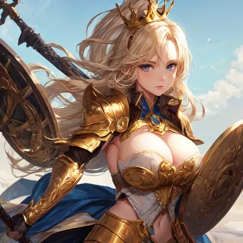 beautiful, A hot and warlike mature milf mother with golden hair, blue eyes, and large breasts, fully clad in closed armor with a crown on her head, holding a sword and shield.