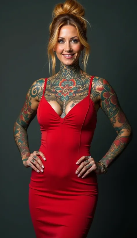 a woman in her late 30s, soft/rounded facial features, short stature, (lower set breasts:1.4), whole body covered in bright color tattoos, (chest tattoo), red bodycon dress, pokie nipples, honey blonde hair in a messy bun, (best quality,4k,8k,highres,maste...