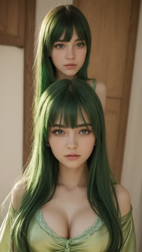 a girl. European. Extremely detailed face. Oval face. Delicate facial features. Half-closed eyes. Long straight hair. Messy hair. Bangs. Green hair. Green eyes. Big breasts. Green silk nightgown. Lustful expression