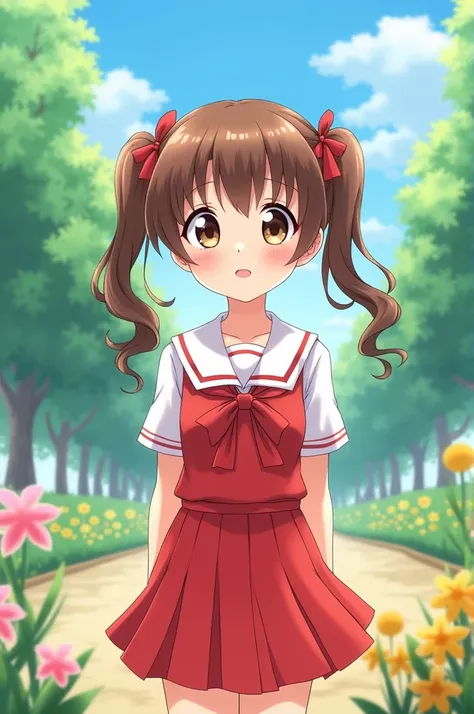 Young Girl、Brown Hair、Twin tails、Red hair laces、Brown eyes、Red Sailor Suit