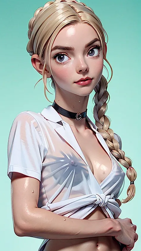 one girl, solo, (abs:1.5), slender body, fit body, (upper body, bust:1.2), (black eyes:1.3), blonde hair, (two cute braids:1.2), masterpiece, highly detailed, look at viewer, front view, (small breasts, tiny breasts, male chest, exposed breasts, deep cleav...