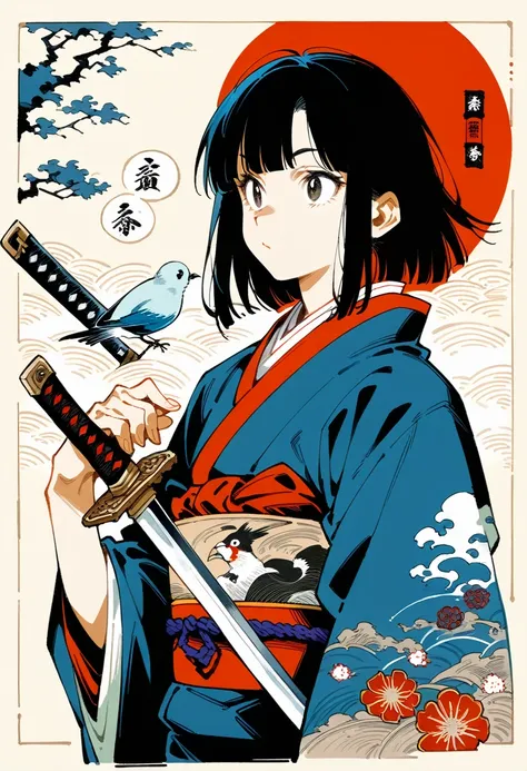 anime character with a sword and a bird on his arm, a detailed painting inspired by takato yamamoto, pixiv, ukiyo-e, takato yama...