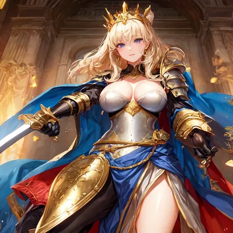 beautiful, A hot and warlike mature milf mother with golden hair, blue eyes, and large breasts, fully clad in closed armor with a crown on her head, holding a sword and shield.