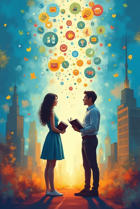 Main image: One man and one woman standing together, each person holds a book and reaches out to symbols of development (work, family, society).
Color: Using bright colors, inspiring colors like blue and orange.
Main message: "Equality in education, equali...