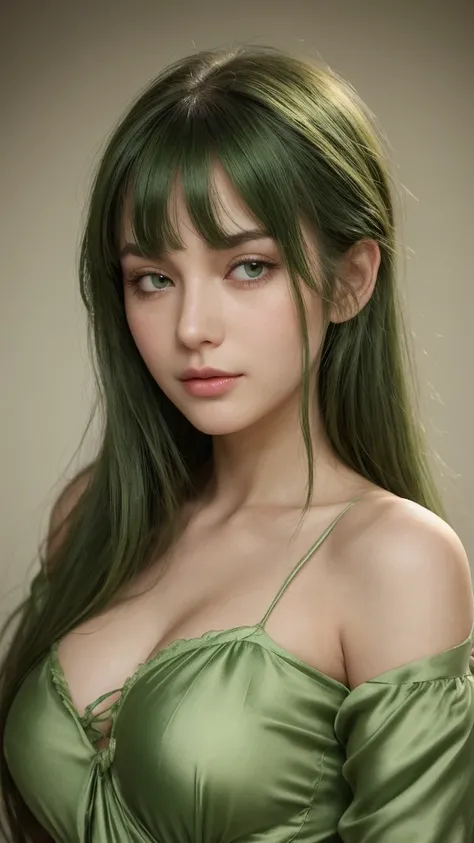 a girl. European. Extremely detailed face. Oval face. Delicate facial features. Half-closed eyes. Long straight hair. Messy hair. Bangs. Green hair. Green eyes. Big breasts. Green silk nightgown. Lustful expression