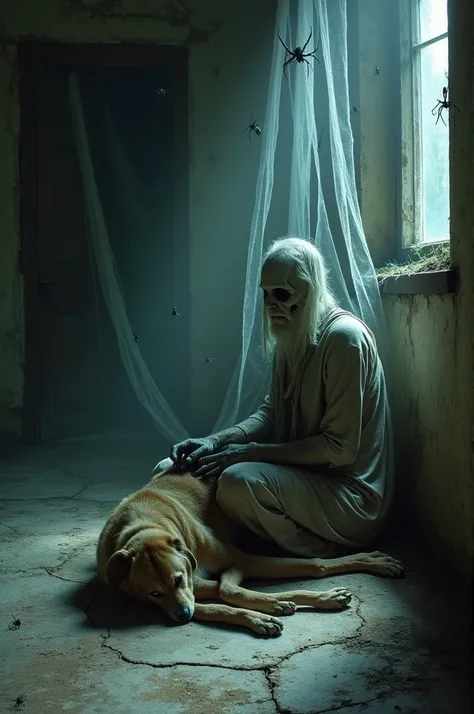 A beggar who looks like a ghost sitting with a dog inside the villa with a scary environment around them with all over spiders wide