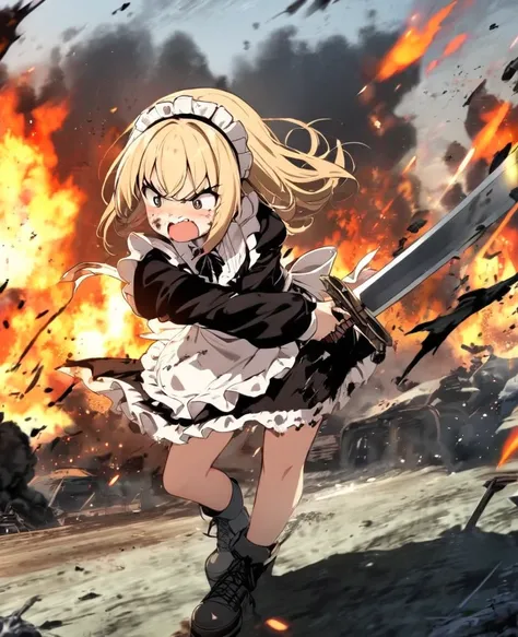 One Girl, Blonde, cute, Slightly longer, Apron dress, Maid clothes, Fighting with a sword, Burning Battlefield, Its dirty, Torn clothing, 