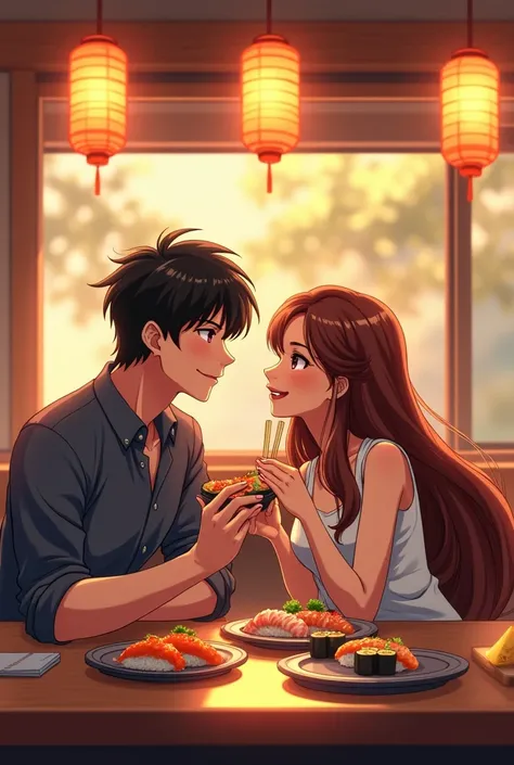 Man with long brown hair and his girlfriend with long brown hair eating sushi in anime style long haired man