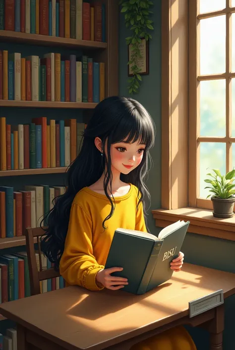 A beautiful girl wearing a yellow dress with black hair reading a book titled "BISU" with the gray book cover sitting inside the library