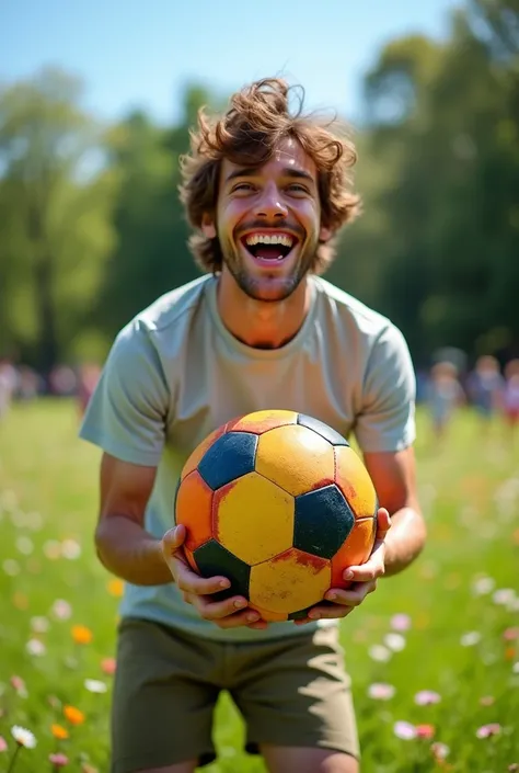 Playful man holding a 3D soccer ball