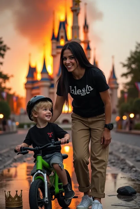 

kag:
Create a picture in disney style

Mom who likes metal, brown eyes, pale skin, heavily mascaraed eyelashes, no jewelry, long black straight hair, black shirt with the inscription "blegh" , beige baggy (not high waist) , white sneakers. Smiles at her ...