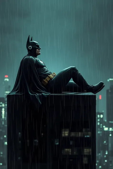 Batman just chilling on top of the building listening to music while its raining. In the background we see city skyline 