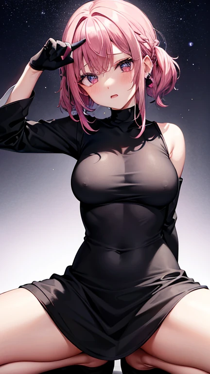 Girl、cute、looking at the camera、Bobcut、Medium Hair、Pink Hair Color、Black bed、sleep、Embarrassed、Open your mouth、Troubled face、Confused expression、Butterfly earrings、Black choker、Fantasy World、witch、magic使いの杖（Blue Gem）、黒いraceのストッキング、Black long dress gloves、E...