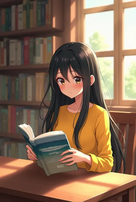 A beautiful girl wearing a yellow dress with black hair reading a book titled "BISU" with a grey book cover featuring a beach scene, sitting inside the library