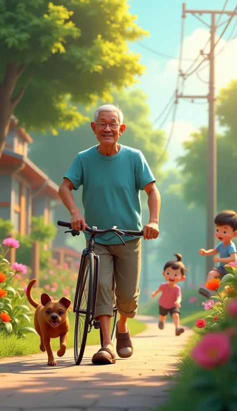 Mr. Tu is an old man over 60 years old., skinny, dark skin, short neat silver hair. He wore a light blue short-sleeved shirt., light gray khaki pants, brown rubber sandals. His face was full of wrinkles but gentle and cheerful..
Mr. Tu and the New Bicycle ...