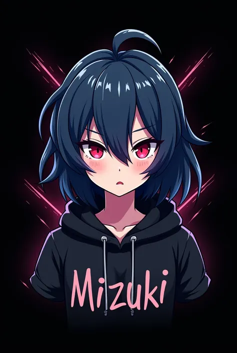 Logo for "mizuki" , Gamer , black background , styled font , Anime girl , dark blue hair , modern day mullet hair style , black hoodie , red eyes , almond eye 
