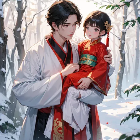 A one-year-old baby boy in an ancient Chinese baby costume with his beautiful mother, dressed in an ancient Chinese costume, In a forest where there was only white snow everywhere. The trees were still covered in white snow. A very strong blizzard, playing...