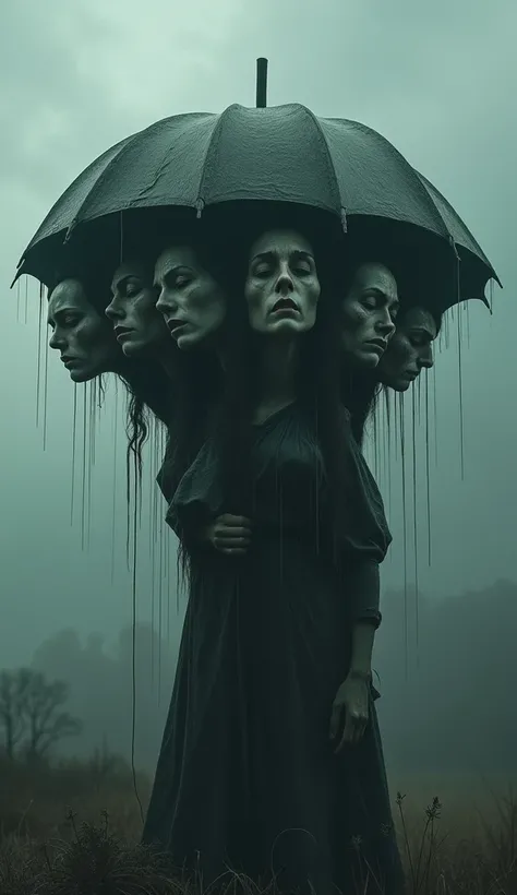 Best image quality, masterpiece, multiple human heads attached to one umbrella-like shape, crying expression, detailed skin expression, detailed image texture, cruel, grotesque, horror, gloomy atmosphere, (not AI image), cloudy weather