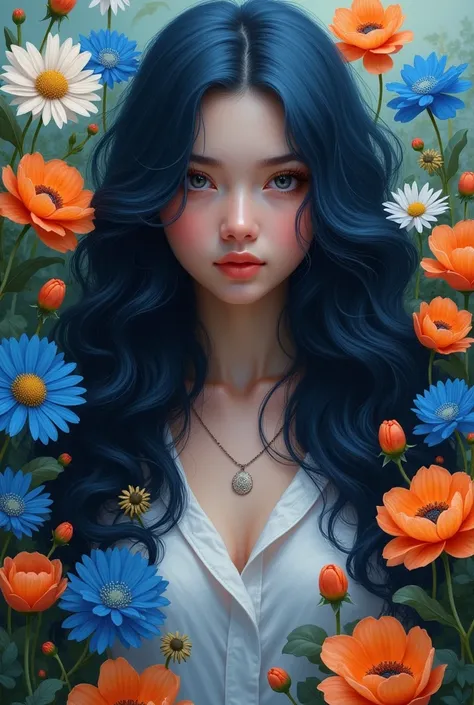 A captivating digital art portrait full body of a young woman surrounded by a vibrant array of flowers. Her wavy, dark blue hair frames her face, blending seamlessly with the floral elements around her. The flowers, in shades of orange, blue, and white, cr...