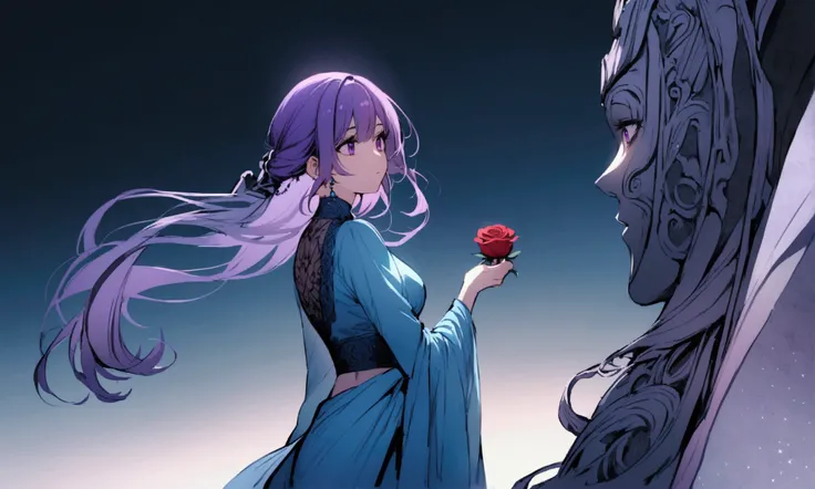 A beautiful girl, with sky blue sari, with purple eyes, with purple hair, with turning,   a rose in his hand. 