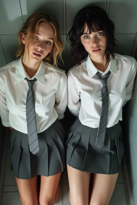 Realistic photo from above of two slim pretty 16-year-old Caucasian women. One has short light-brown hair. The other has short dark-brown hair. They are wearing tight white wet shirts. They are not wearing a bra. They are wearing dark-grey striped ties. Th...