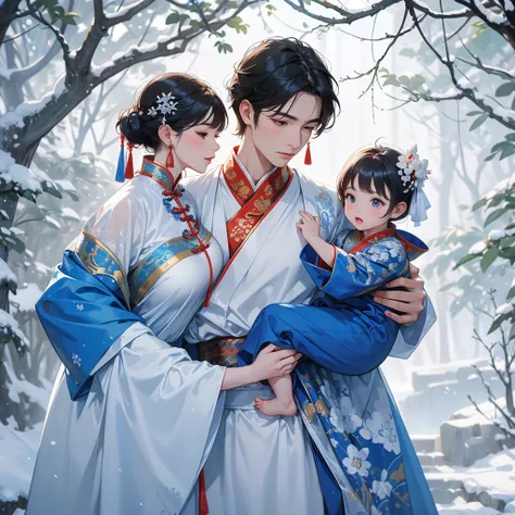 A one-year-old baby boy in blue ancient Chinese baby costume with his beautiful mother, dressed in an ancient Chinese costume, In a forest where there was only white snow everywhere. The trees were still covered in white snow. A very strong blizzard, playi...