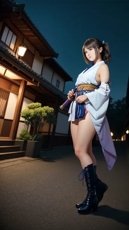 (8k、RAW Photos、Highest quality、masterpiece:1.2)、(Realistic)、(Chubby)、One woman、((A purple and white furisode kimono、Navy blue))((I can see your shoulders、Thighs、Small breasts、boots))、((Black hair ponytail 1.3))(Thighs1.2)、((whole body、View from the front、L...