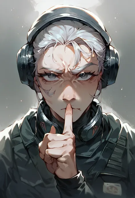 score_9,score_8_up,score_7_up, shushing gesture, finger on mouth, asian older woman Special Ops in black tight tactical stealth suit, slight wrinkles. headphones, serious expression, one messy bun with dark greying hair, grey eyes, empty dark millitary bas...