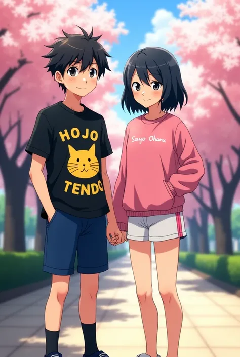 1 Japanese man,Age 16,black short hair,Black short-sleeved shirt with a yellow cat pattern that says HOJO TENDO, blue school shorts,Black School Shoes,1 girl, age 24,black short hair,Pink long-sleeved shirt with Sayo Oharu written on it.,White shorts with ...