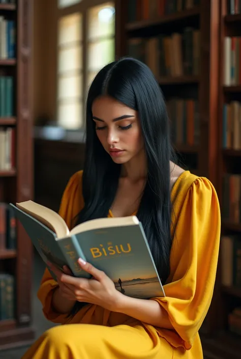 A beautiful girl with heavy makeup, wearing a yellow dress and black hair, is reading a book titled "BISU" with a grey book cover featuring a beach scene, sitting inside the library