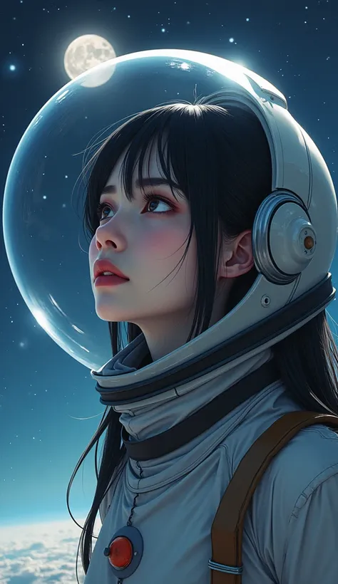 jaxsa、Adult woman with depression、Japanese、Black Hair、Brown eyes、Pink Lips、Spacesuit、Upper Body、Looking up at the sky、universe space、moon、Real、Masterpiece、Highest quality、Light reflecting off the helmet、