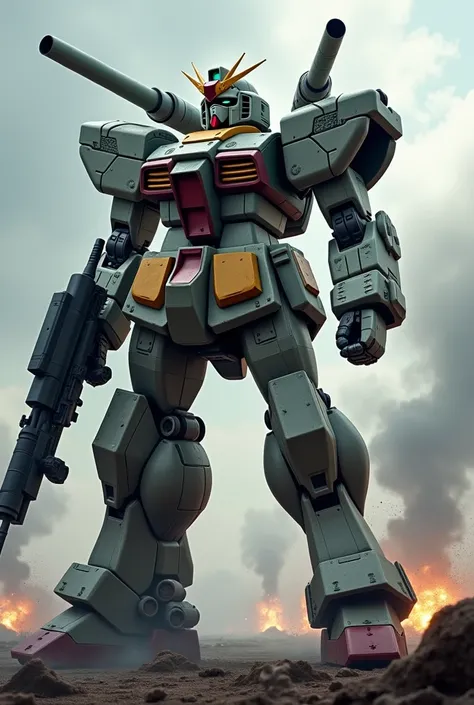 Heavily armored with a high-powered cannon on its shoulder、It holds a large bazooka in its hand。A separate mobile suit called Gundam Nadre is hidden within its armor