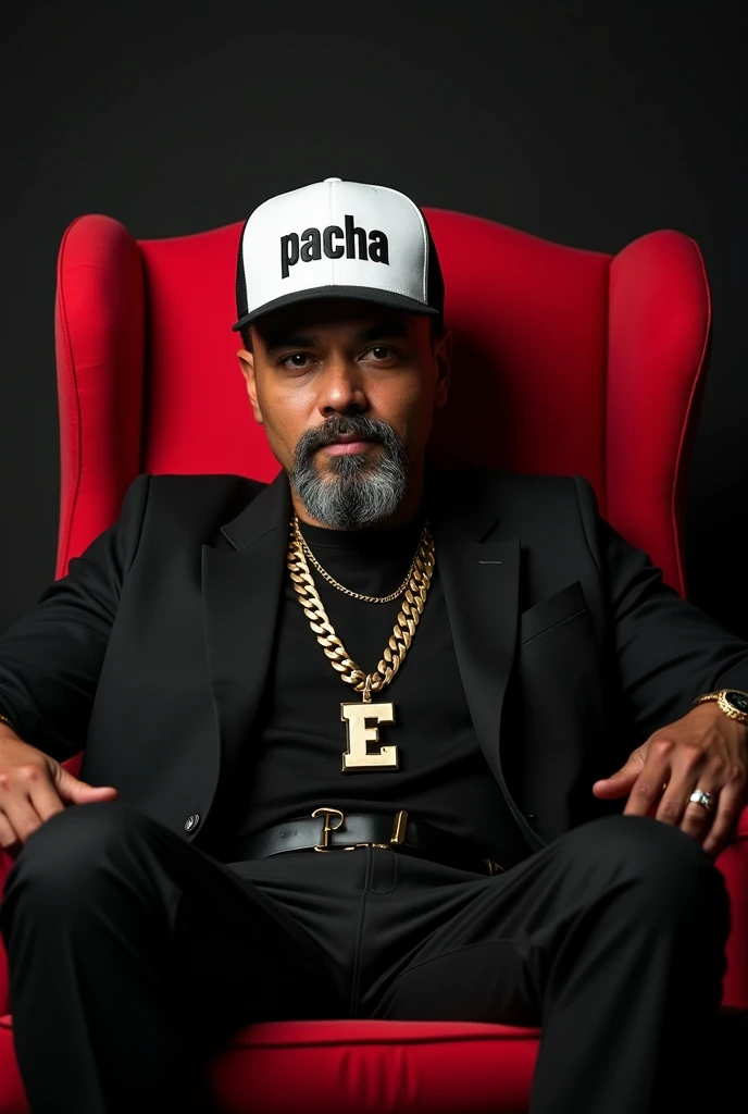 Man with a gray goatee, white cap that says pacha in black letters, black clothes, with a gold chain and a letter E pendant, Sunglasses, sitting on a red kings throne, Funko style, on black background