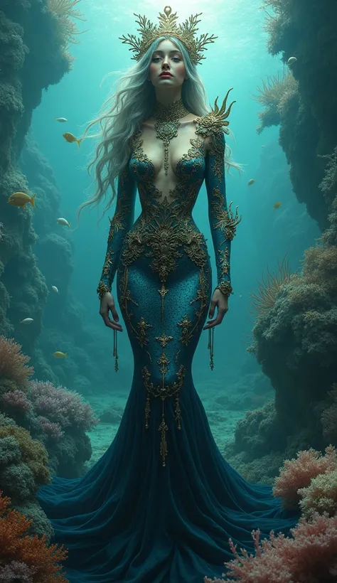 Superrealisticart , Like a dream, mystery,  Symbolic, complicated, detailed, (Gothic，very beautiful:1.4), (masterpiece, best quality:1.4) , Nicolas Samori style, Mermaid goddess-like beautiful costume