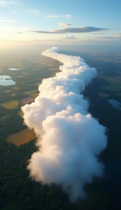 A high-angle view of a Morning Glory cloud, taken from an elevated position looking down at the long, tubular cloud as it stretches across the landscape. The cloud is seen in its entirety, with its cylindrical shape clearly defined as it rolls through the ...