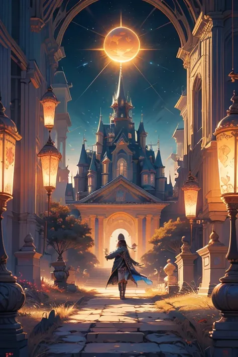 a painting of a castle with a giant sun in the background, an ultrafine detailed painting inspired by Dan Mumford, cg society contest winner, psychedelic art, fractal thunder dan mumford, dan mumford and alex grey style, el bosco and dan mumford, anton fad...