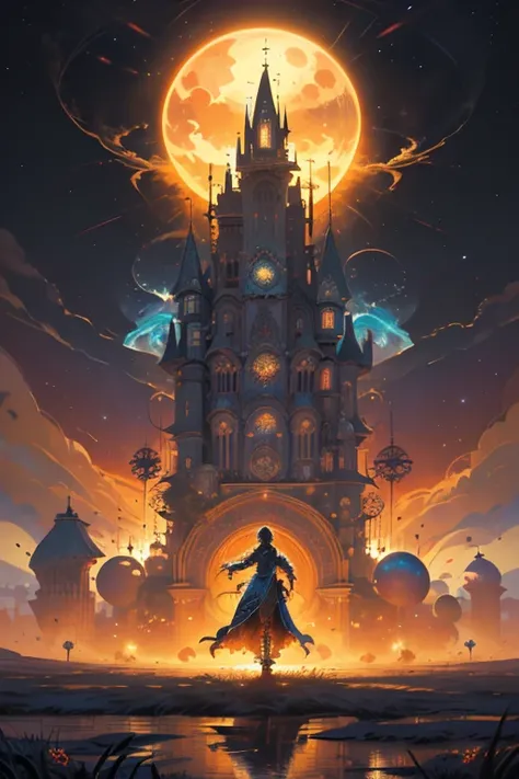 a painting of a castle with a giant sun in the background, an ultrafine detailed painting inspired by Dan Mumford, cg society contest winner, psychedelic art, fractal thunder dan mumford, dan mumford and alex grey style, el bosco and dan mumford, anton fad...