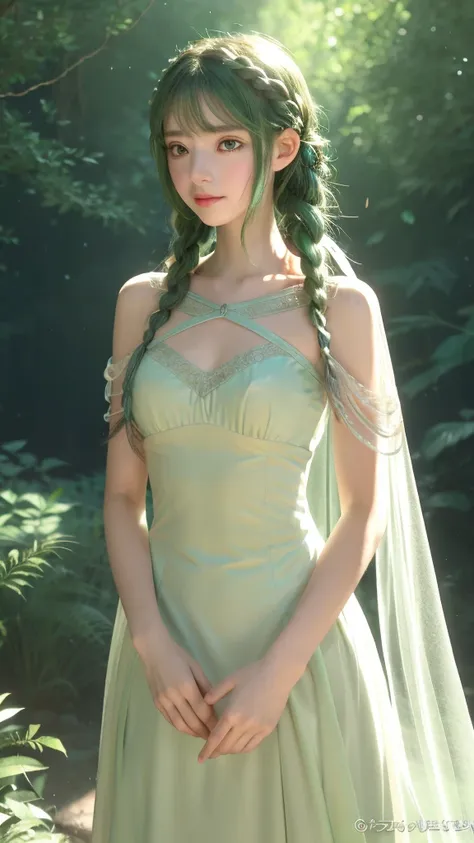 Create an anime-style artwork of an elven girl with long, braided green tosca hair. She has delicate features, pointed ears, and wears a white, flowing gown with intricate silver arm bracers. The scene is set in a sunlit forest, with soft light filtering t...