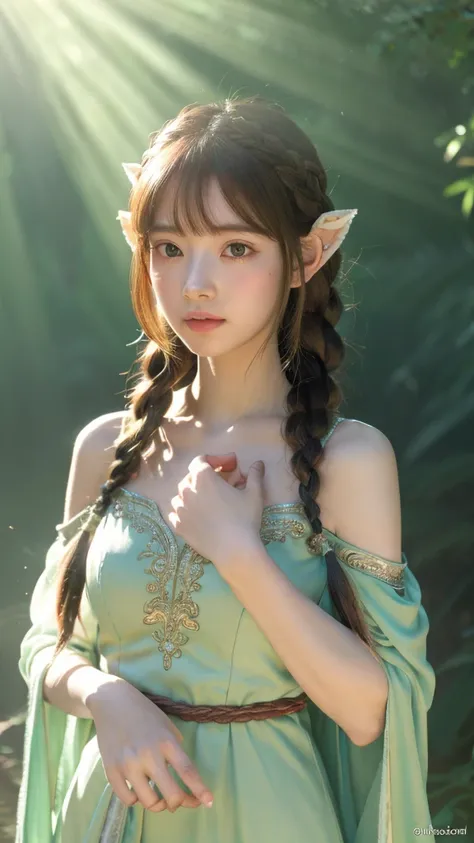 create an anime-style artwork of an elven girl with long, braided green tosca hair. she has delicate features, pointed ears, and...